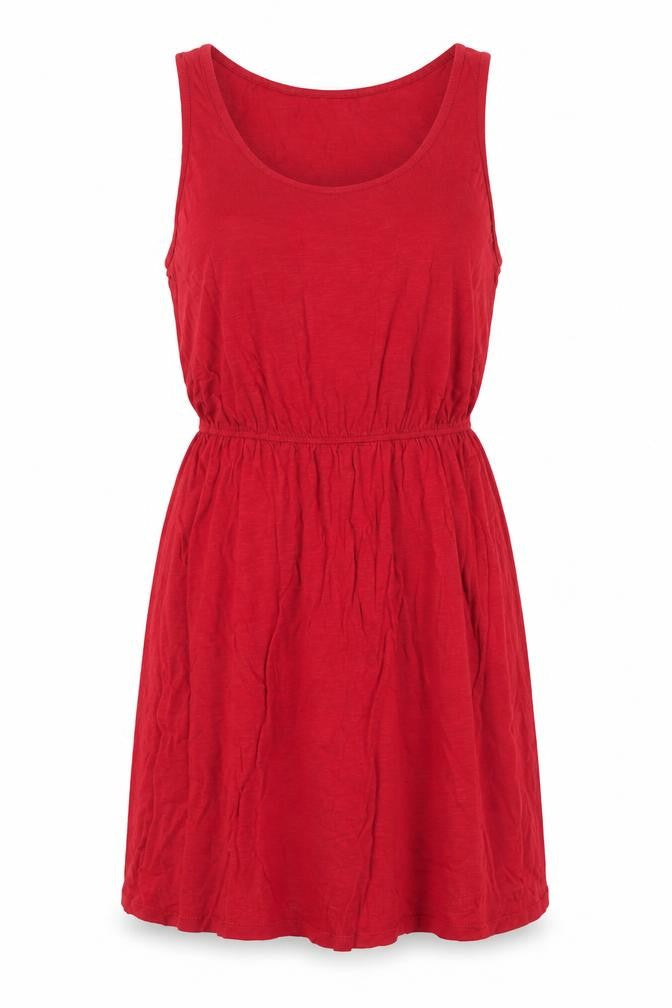 Front view of H&M women’s red viscose a-line, size M, scoop neck pullover