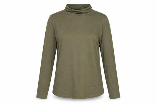 Front view of ASOS women’s green viscose basic t-shirt, size UK 10, roll neck