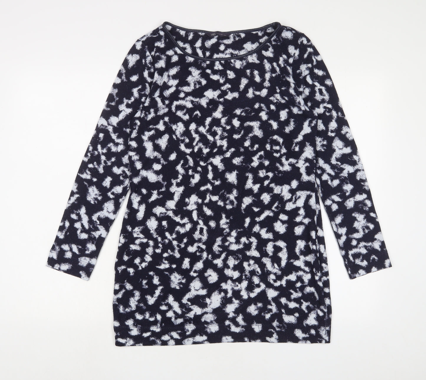 Marks and Spencer Womens Blue Geometric Polyester Basic T-Shirt Size 10 Boat Neck
