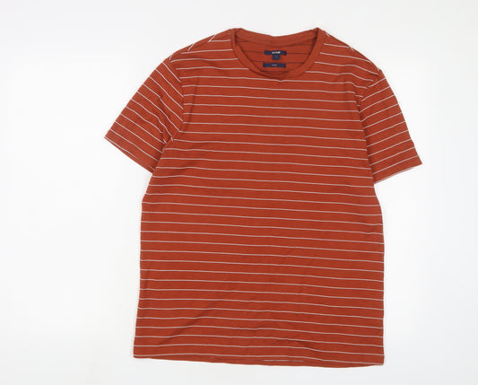 Kiabi Mens Brown Striped Cotton T-Shirt Size L Crew Neck