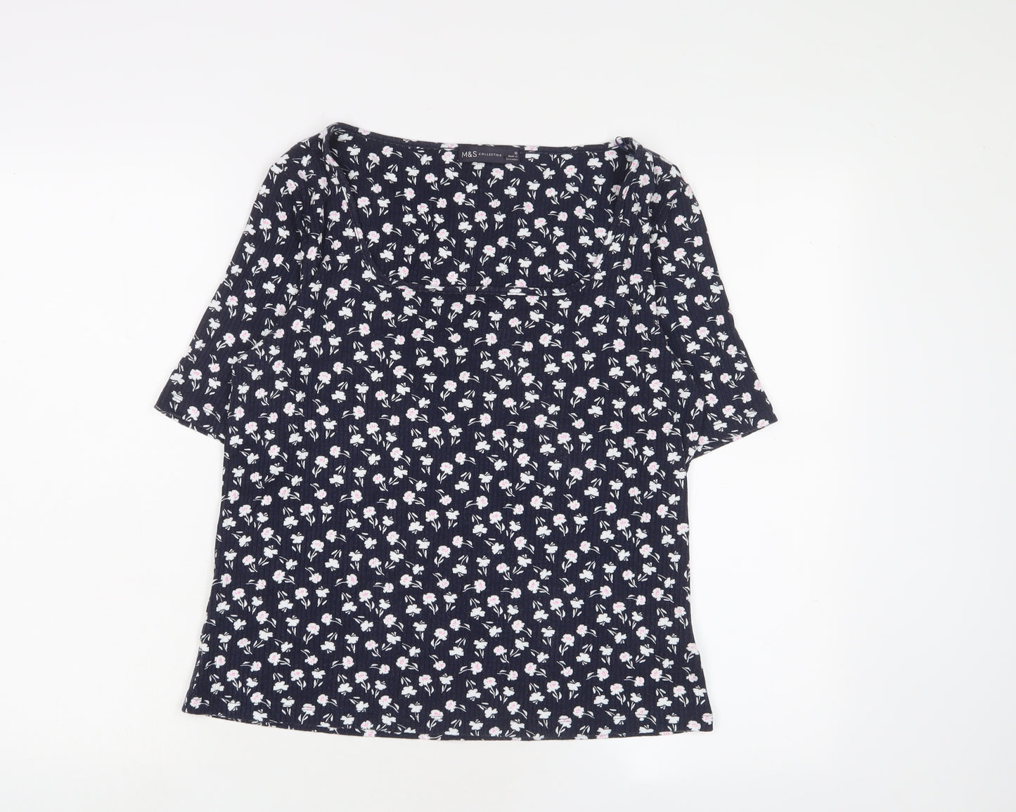 Marks and Spencer Womens Blue Floral Viscose Basic T-Shirt Size 16 Square Neck