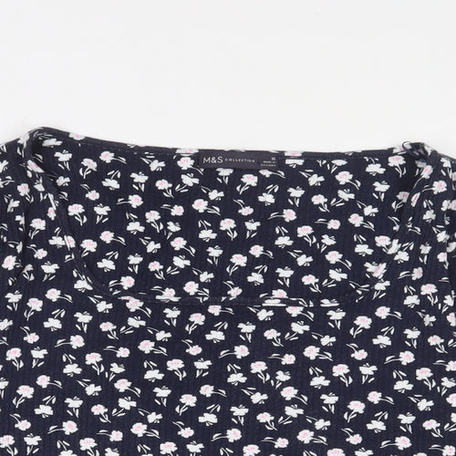 Marks and Spencer Womens Blue Floral Viscose Basic T-Shirt Size 16 Square Neck