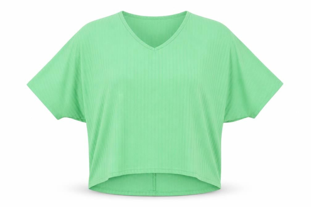 Front view of New Look women’s green polyester basic t-shirt, size S, v-neck