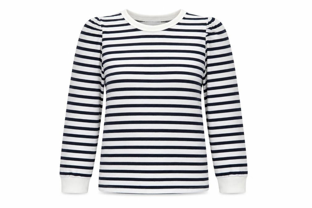 Front view of Savida women’s white striped cotton pullover sweatshirt, size L, pullover