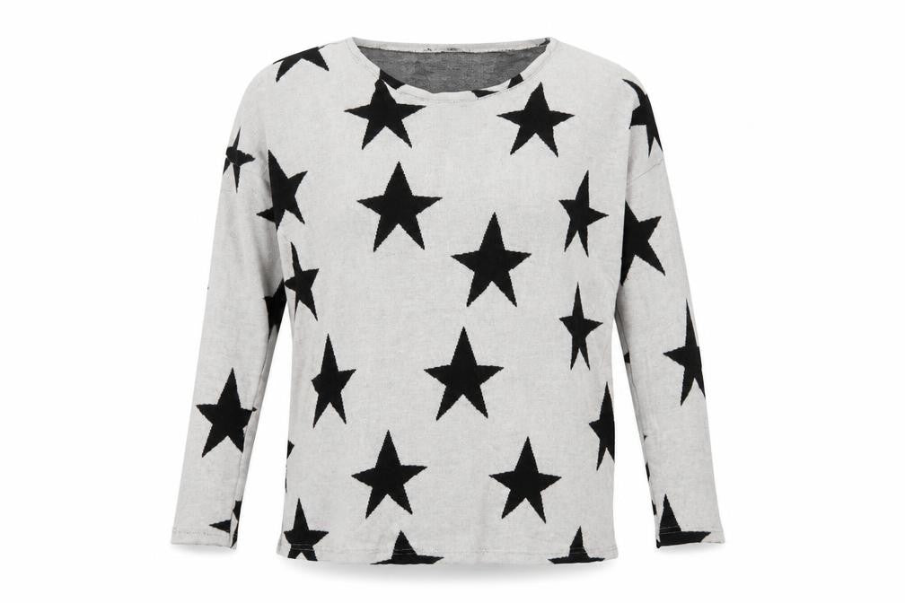 Front view of H&M women’s grey crew neck geometric viscose jumper, size XS, - star pattern