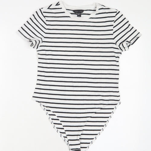 New Look Womens White Striped Cotton Bodysuit One-Piece Size 12 Snap