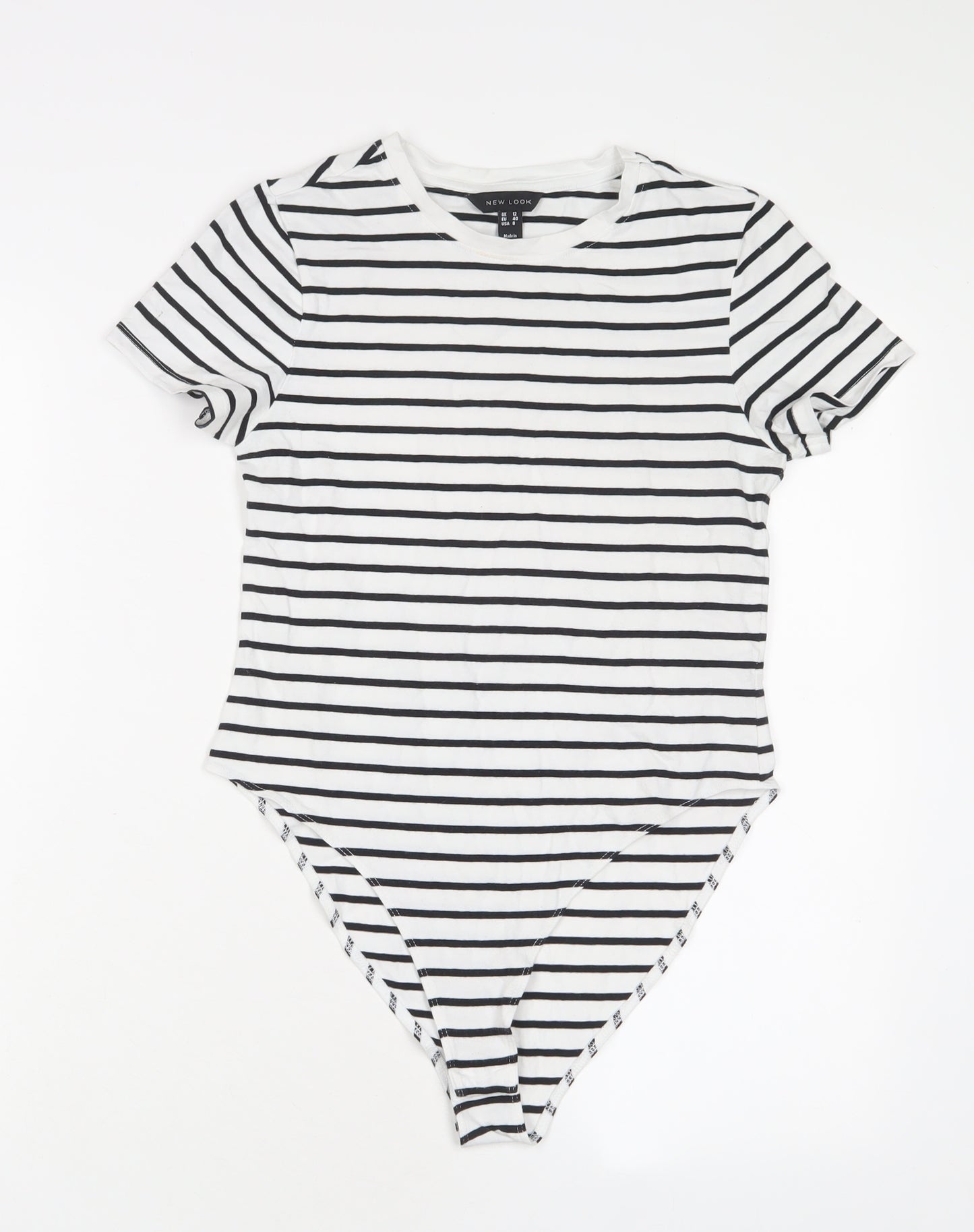 New Look Womens White Striped Cotton Bodysuit One-Piece Size 12 Snap