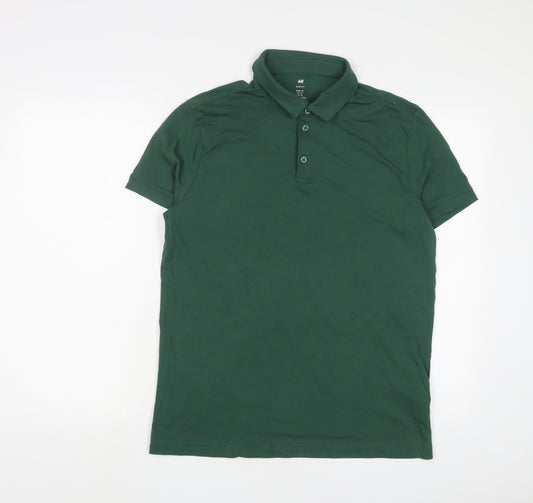 H&M Mens Green Cotton Polo Size M Collared Button