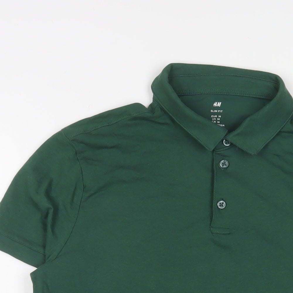 H&M Mens Green Cotton Polo Size M Collared Button