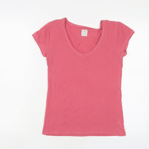 Zara Womens Pink Cotton Basic T-Shirt Size L V-Neck