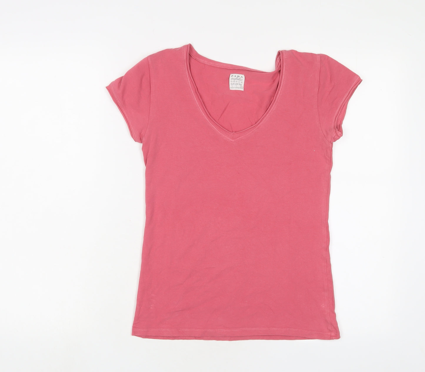 Zara Womens Pink Cotton Basic T-Shirt Size L V-Neck