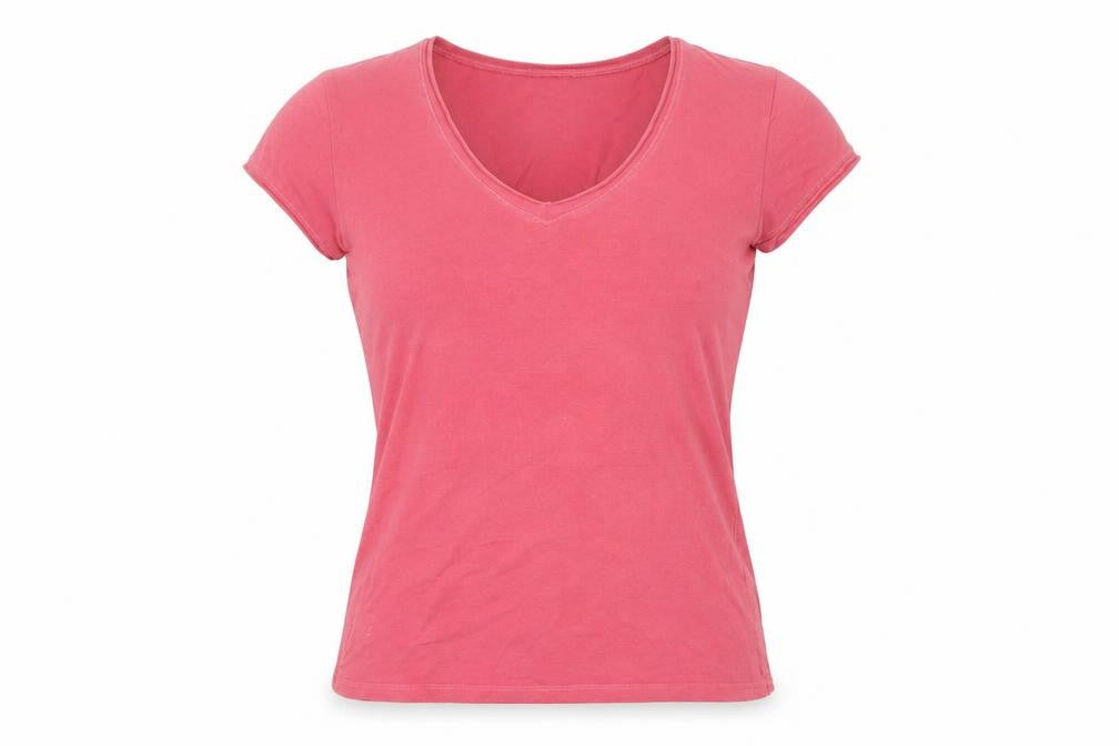 Front view of Zara women’s pink cotton basic t-shirt, size L, v-neck