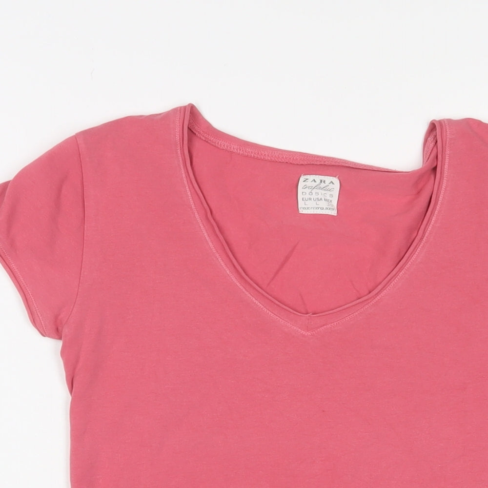 Zara Womens Pink Cotton Basic T-Shirt Size L V-Neck