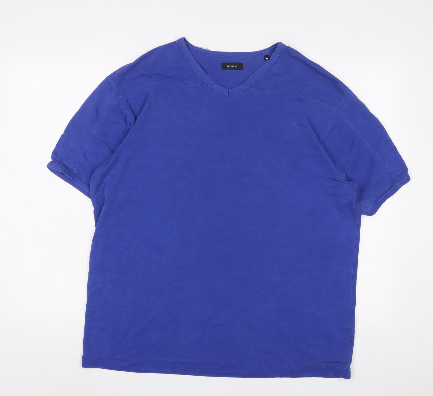 Linea Womens Blue Cotton Basic T-Shirt Size L V-Neck