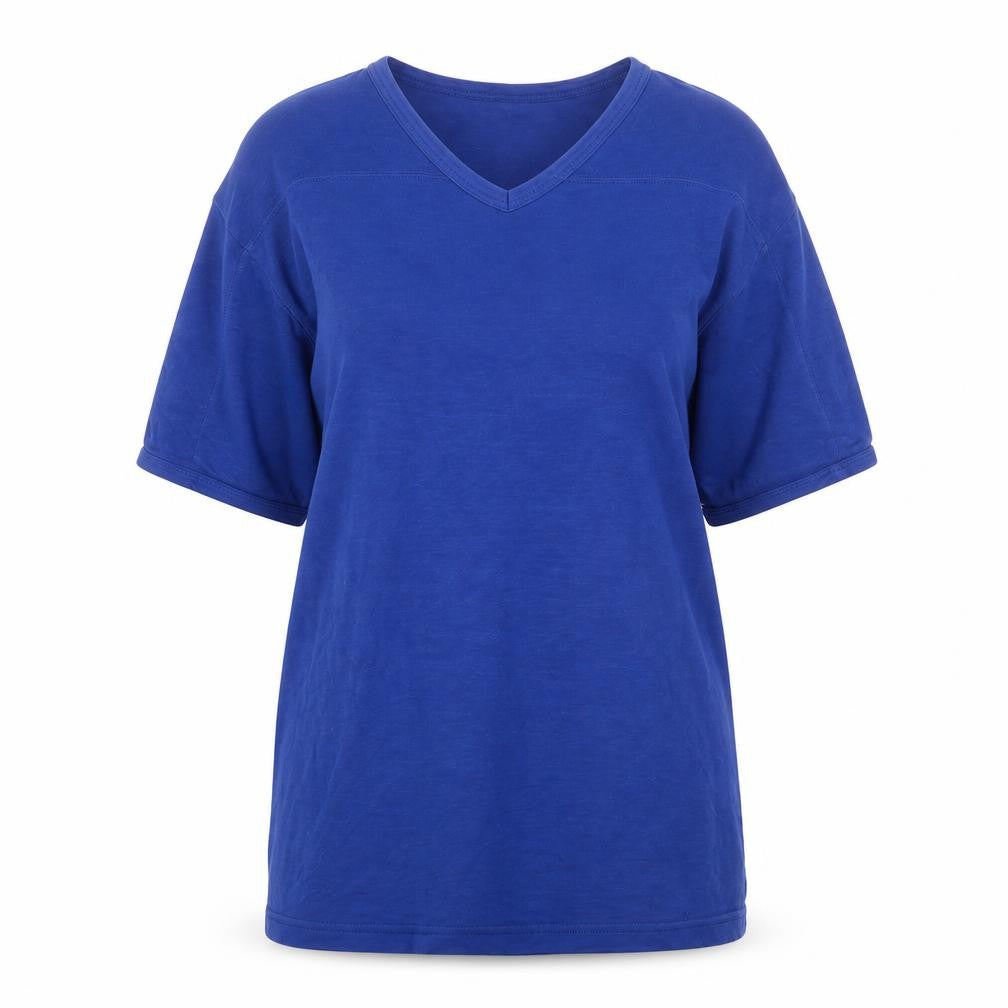 Front view of Linea women’s blue cotton basic t-shirt, size L, v-neck