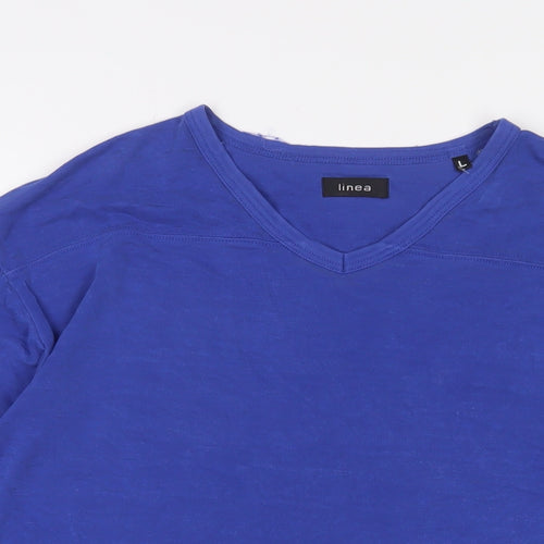 Linea Womens Blue Cotton Basic T-Shirt Size L V-Neck