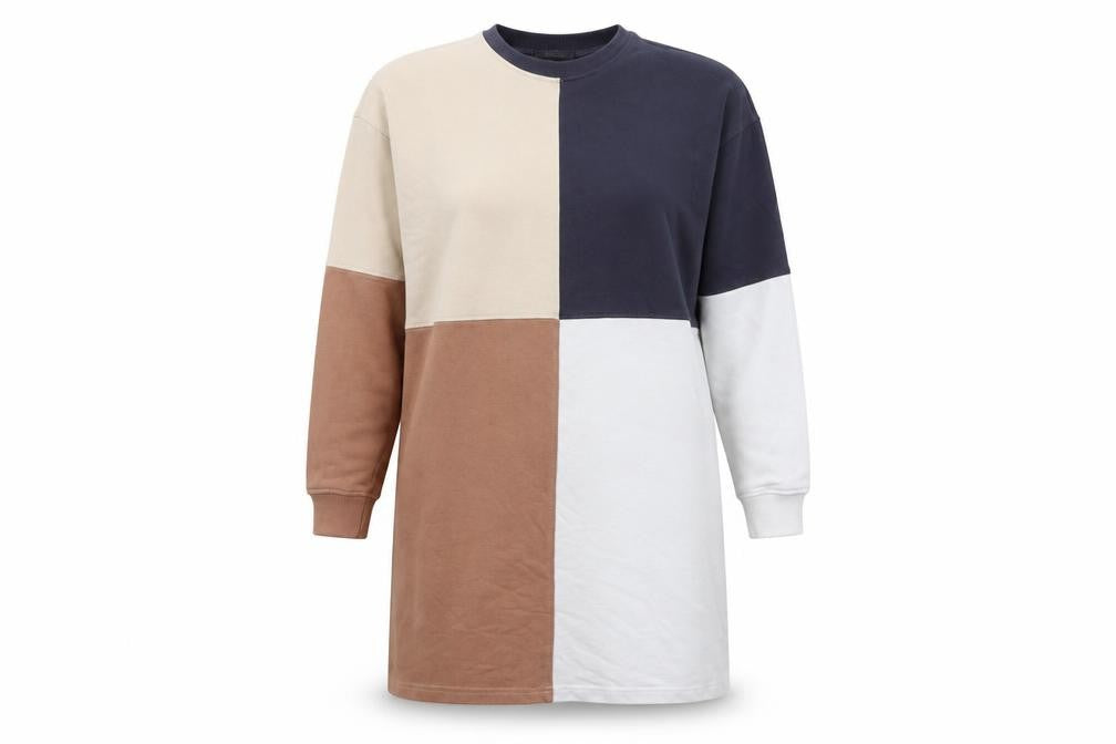 Front view of Missguided women’s multicoloured geometric cotton jumper dress, size UK 10, collared pullover