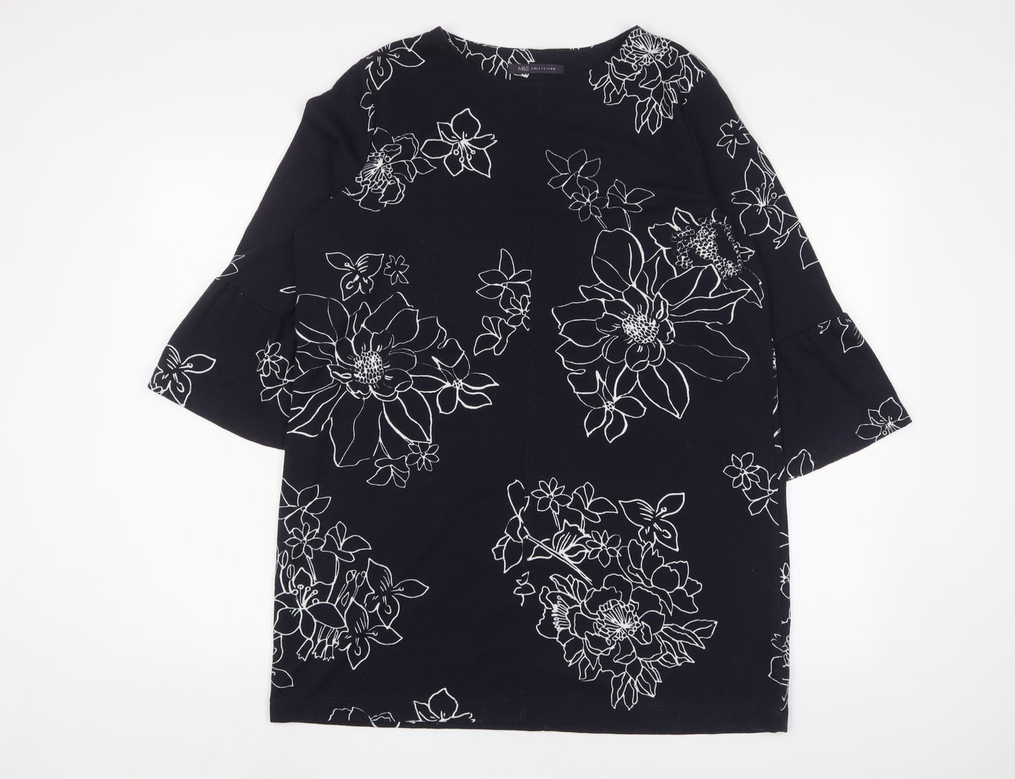 Marks and Spencer Womens Blue Floral Polyester Tunic T-Shirt Size 14 Boat Neck