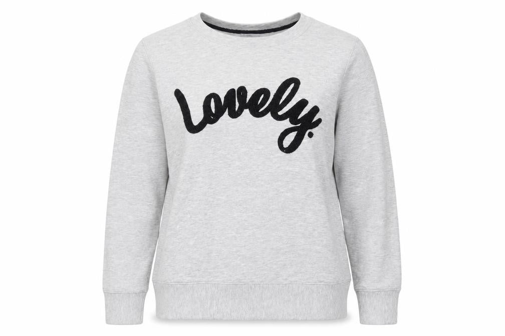 Front view of Oasis women’s grey viscose pullover sweatshirt, size L, pullover - embroidered