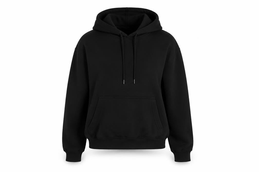 Front view of PRETTYLITTLETHING women’s black cotton pullover hoodie, size XS, pullover