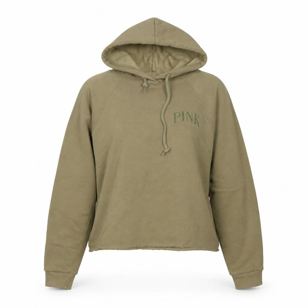 Front view of PINK women’s green cotton pullover hoodie, size S, pullover