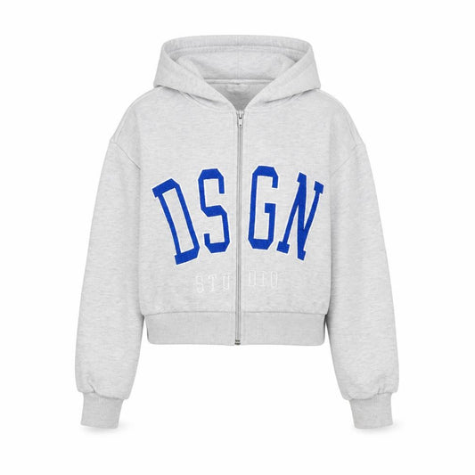 Front view of Boohoo women’s grey cotton full zip hoodie, size S, zip - embroidered