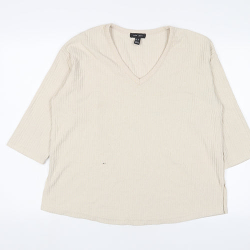 New Look Womens Beige Polyester Basic T-Shirt Size M V-Neck