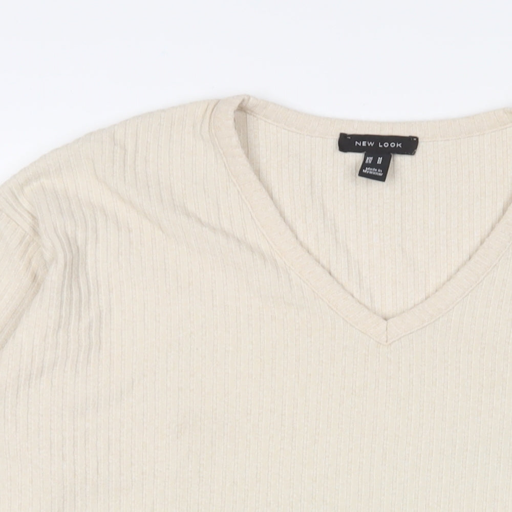 New Look Womens Beige Polyester Basic T-Shirt Size M V-Neck