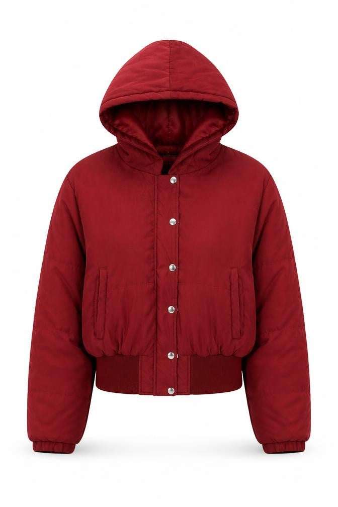 Front view of PRETTYLITTLETHING women’s red quilted coat, size UK 14, zip