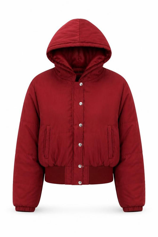 Front view of PRETTYLITTLETHING women’s red quilted coat, size UK 14, zip