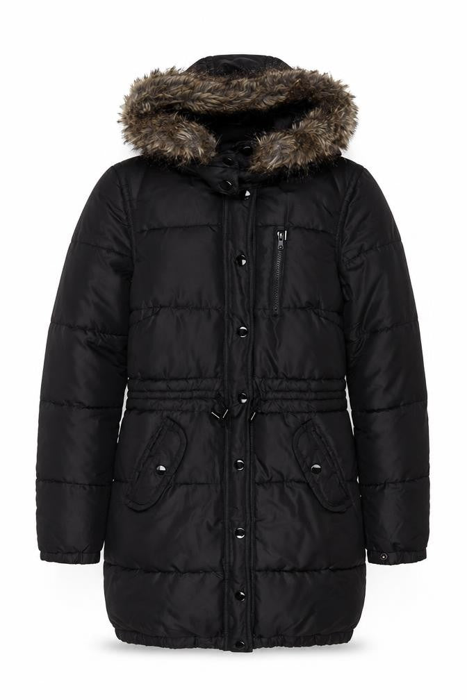 Front view of H&M women’s black parka coat, size UK 6, zip