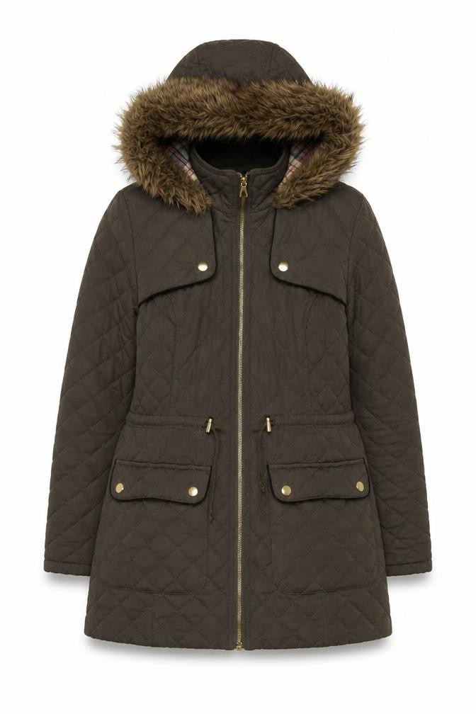 Front view of Heart & Soul women’s green parka coat, size UK 10, zip