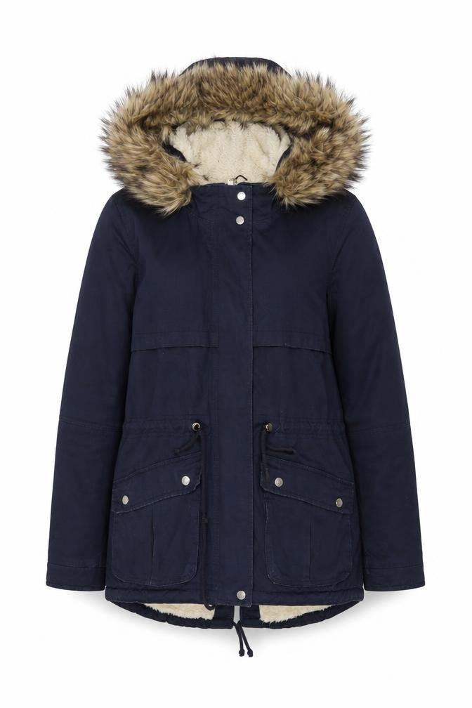 Front view of H&M women’s blue parka coat, size UK 8, zip