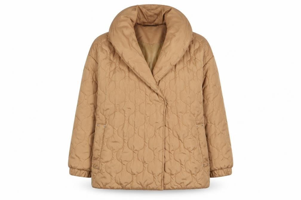 Front view of Michelle Keegan women’s beige quilted coat, size UK 16, snap