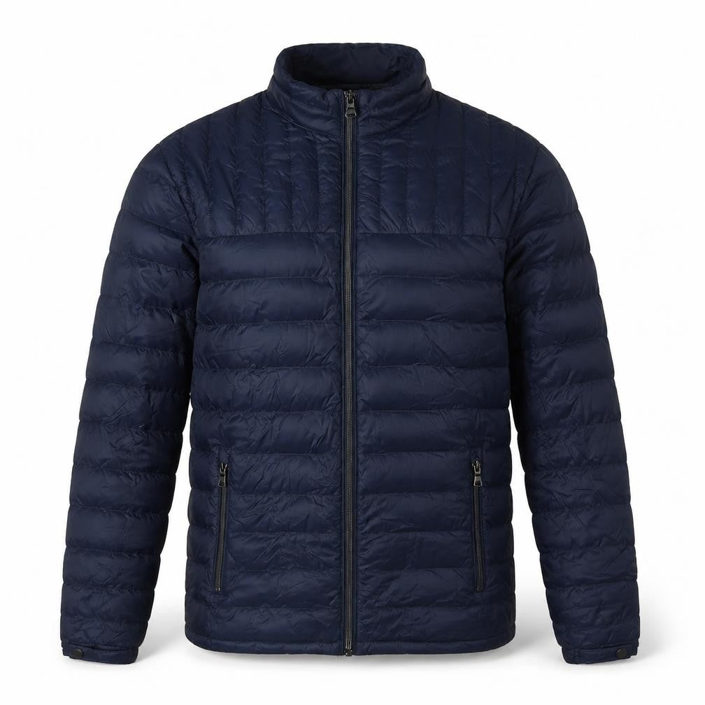 Front view of Marks & Spencer men’s blue puffer jacket jacket, size S, zip