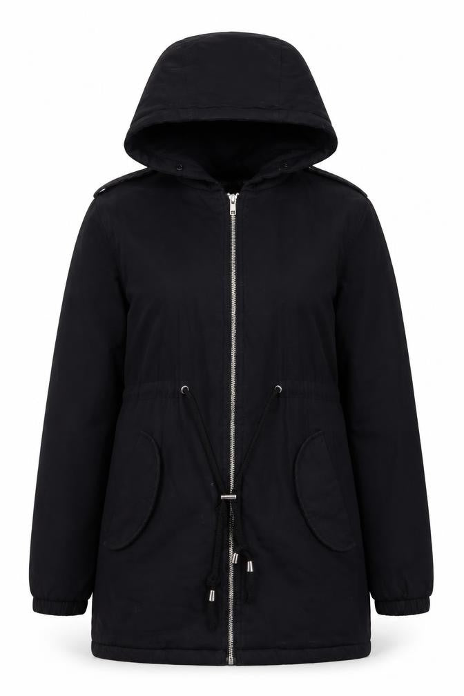 Front view of Boohoo women’s black jacket coat, size UK 6, zip