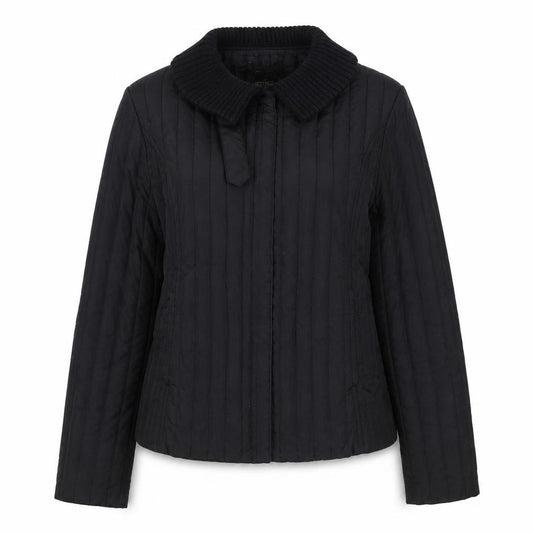 Front view of Eivissa women’s black quilted jacket, size M, snap