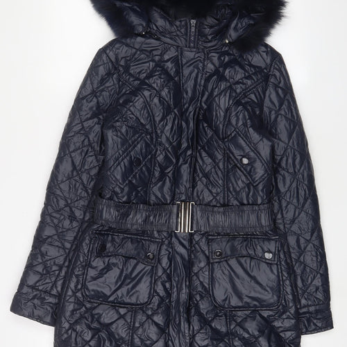 Jimika Womens Blue Quilted Coat Size S Zip - Belted