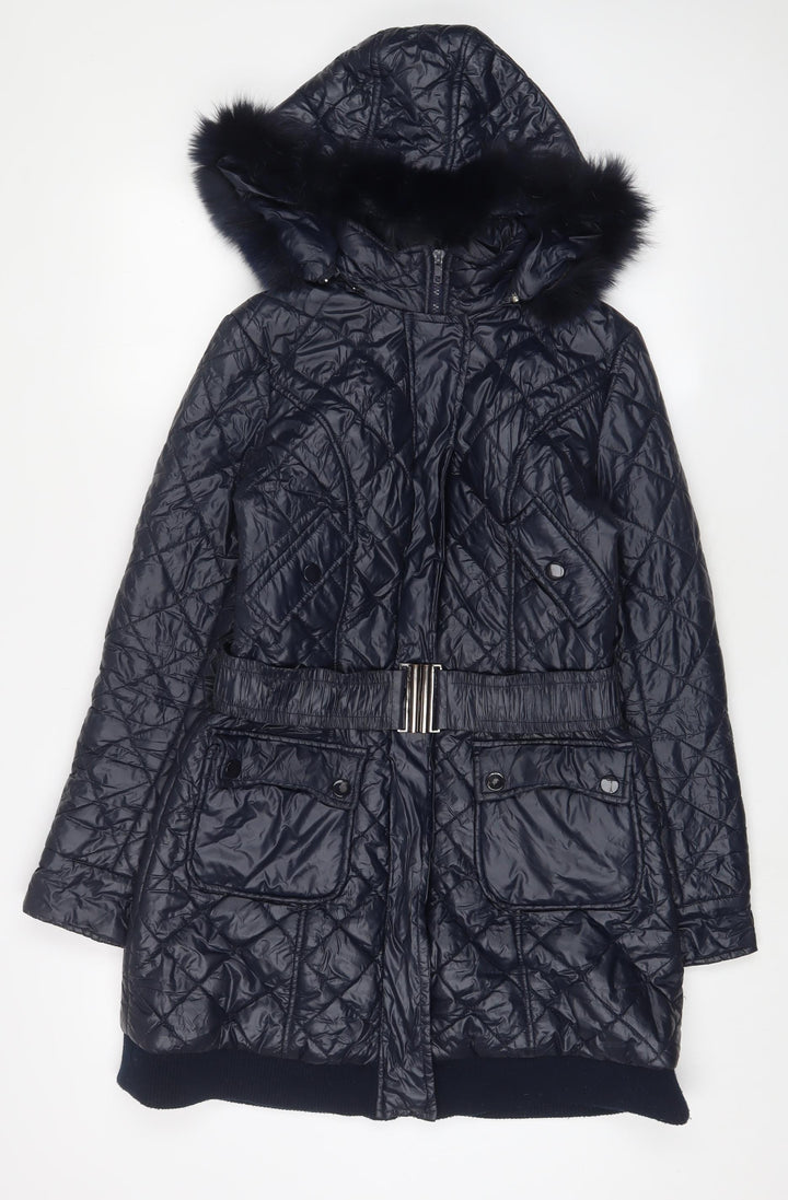 Jimika Womens Blue Quilted Coat Size S Zip - Belted