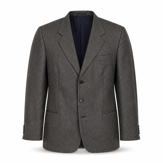 Front view of HR Tailoring men’s brown plaid wool jacket suit jacket, size 44, regular