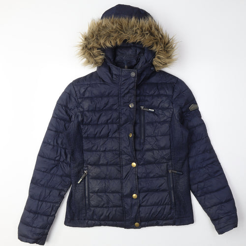 Women's Blue Puffer Jacket with Fur Hood - Medium