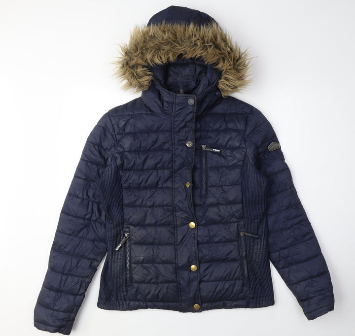 Women's Blue Puffer Jacket with Fur Hood - Medium