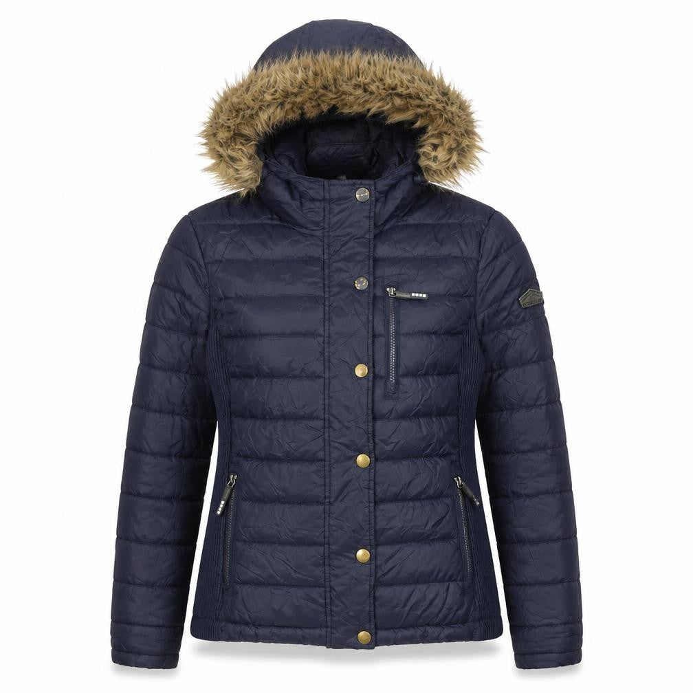 Front view of Women's Blue Puffer Jacket with Fur Hood - Medium