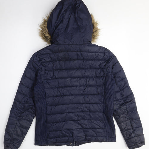 Women's Blue Puffer Jacket with Fur Hood - Medium