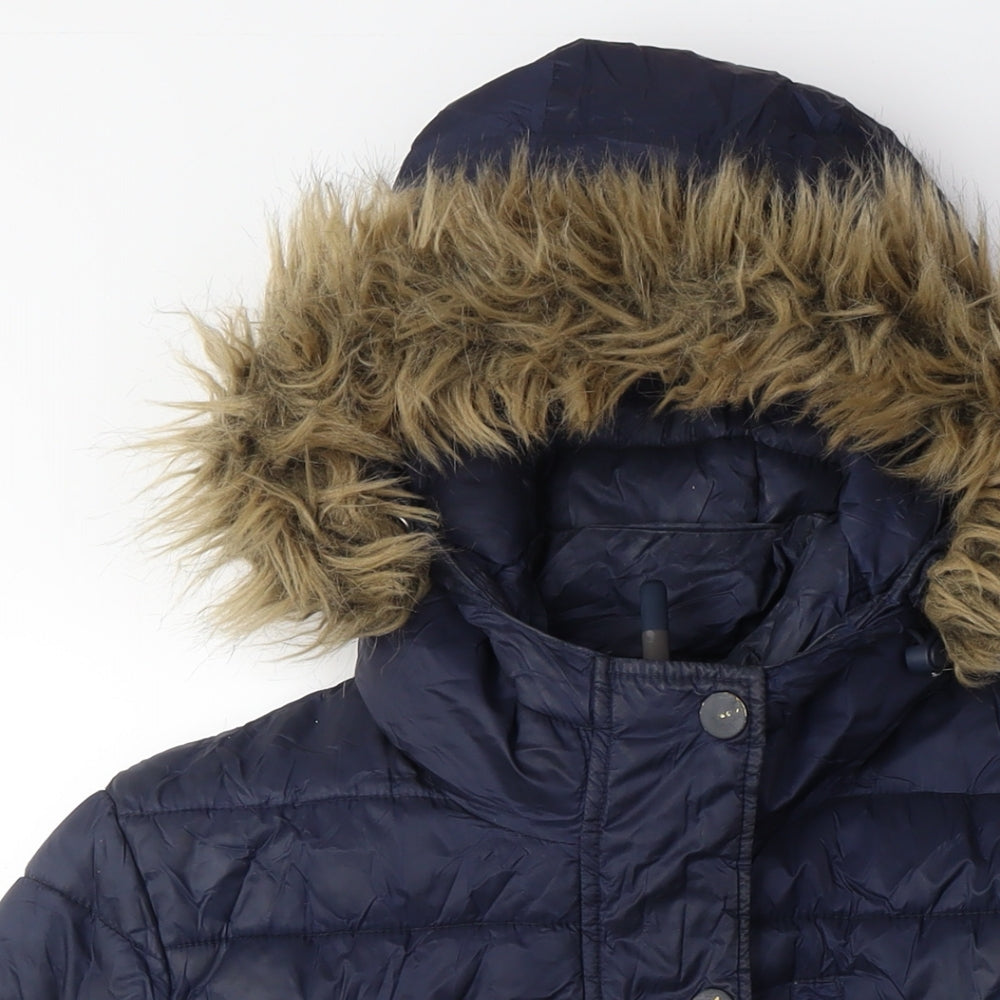 Women's Blue Puffer Jacket with Fur Hood - Medium