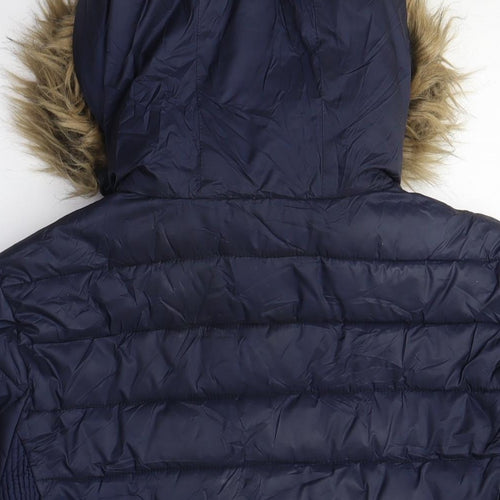 Women's Blue Puffer Jacket with Fur Hood - Medium