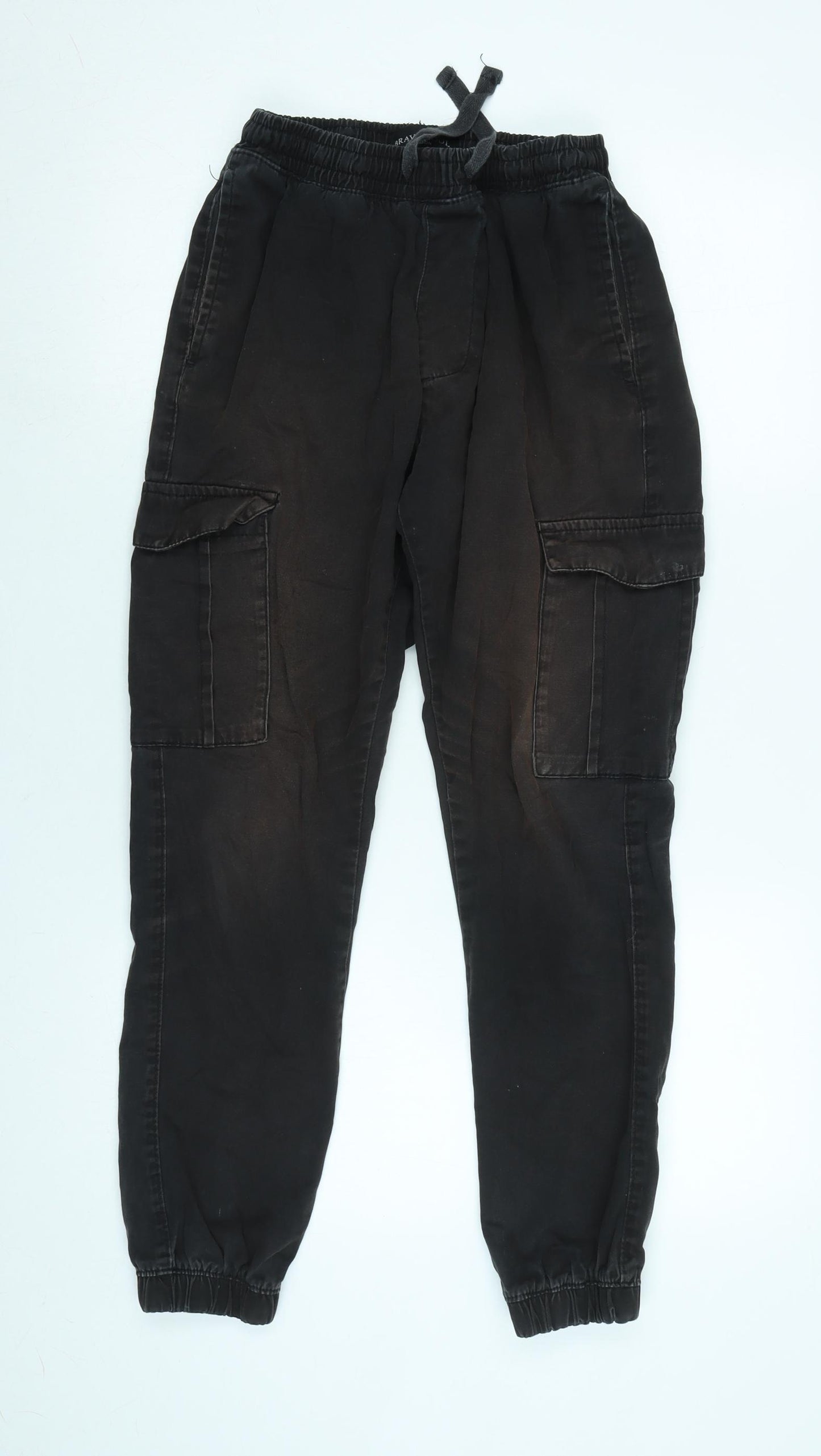 Brave Soul Womens Black Cotton Blend Cargo Trousers Size 22 in L28 in Regular Tie - Distressed