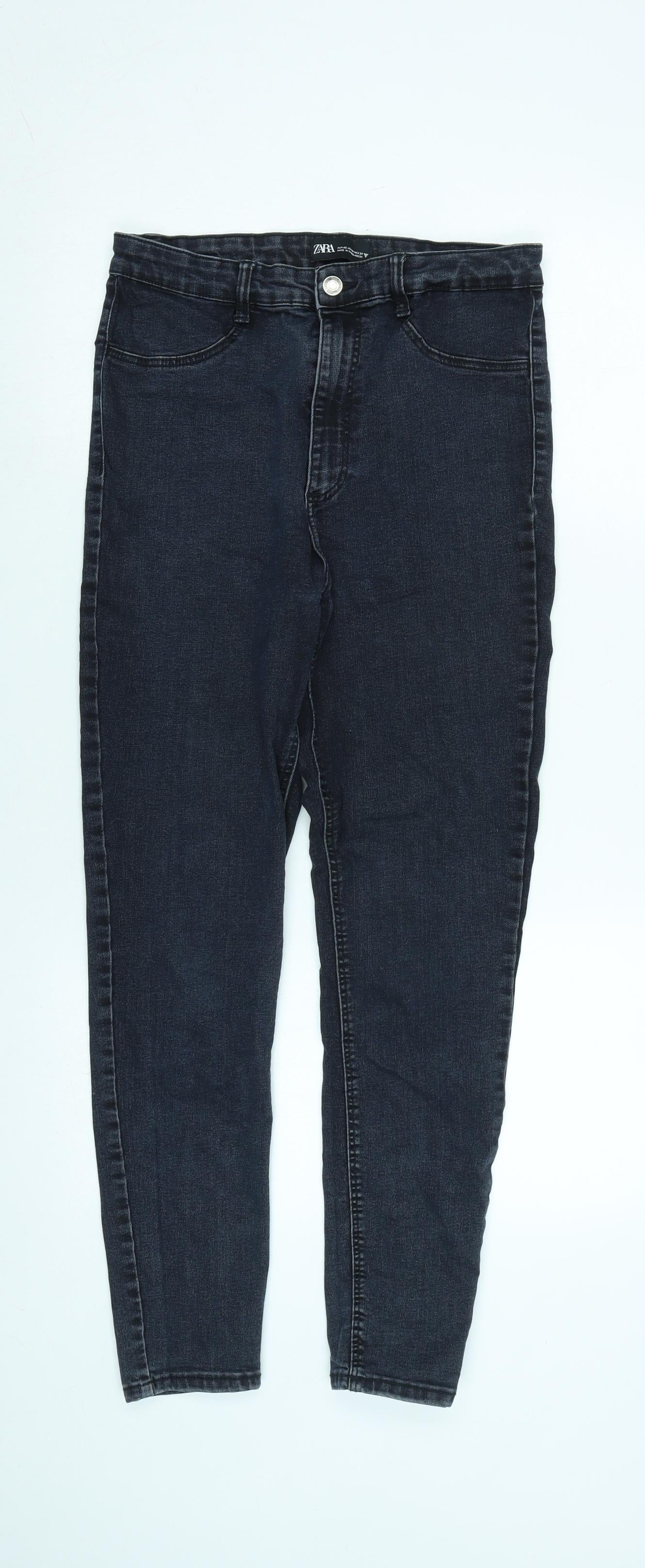 Zara Womens Blue Cotton Blend Tapered Jeans Size 14 L27 in Regular Zip