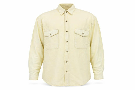 Front view of hamshead men’s yellow cotton blend button-up, size 2XL, collared button