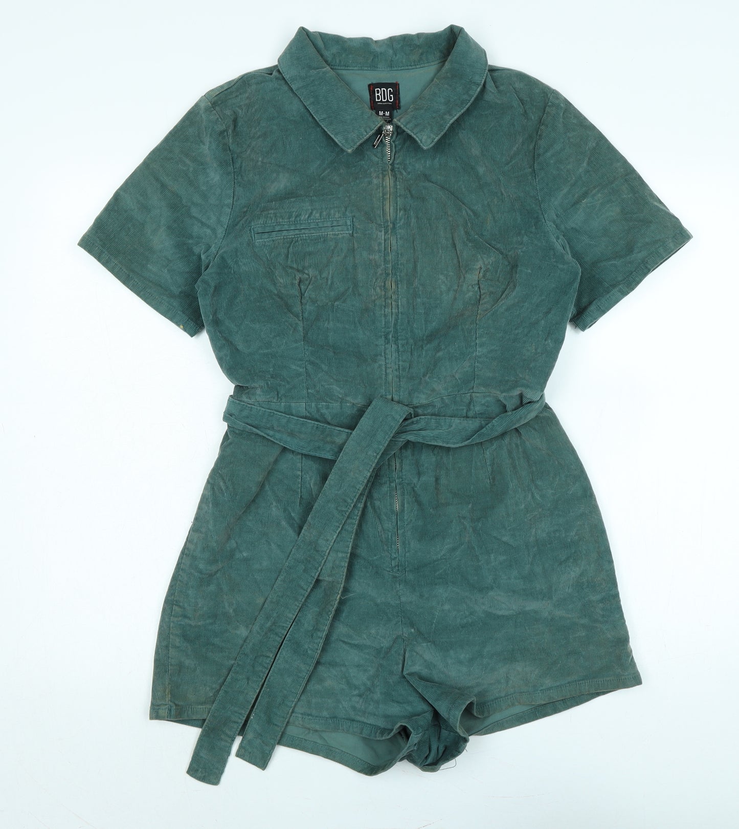 BDG Womens Green Cotton Playsuit One-Piece Size M Zip - Logo - Distressed